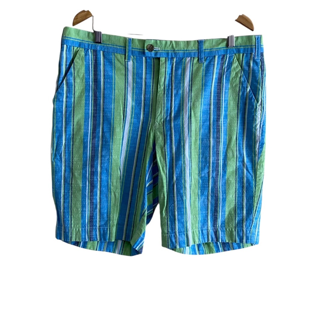 Loudmouth Golf Shorts Men 38 Striped Blue and Green Quirky Cotton Outdoor Preppy